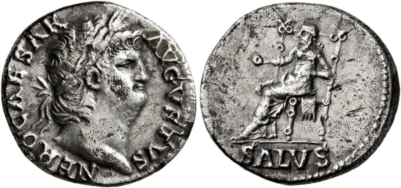Nero, 54-68. Denarius (Silver, 17 mm, 3.20 g, 6 h), Rome, 65-66. NERO CAESAR AVG...