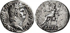 Nero, 54-68. Denarius (Silver, 17 mm, 3.20 g, 6 h), Rome, 65-66. NERO CAESAR AVGVSTVS Laureate head of Nero to right. Rev. SALVS Salus seated left on ...