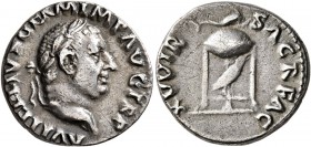 Vitellius, 69. Denarius (Silver, 17 mm, 3.49 g, 6 h), Rome. A VITELLIVS GERM IMP AVG TR P Laureate head of Vitellius to right. Rev. XV VIR SACR FAC Tr...