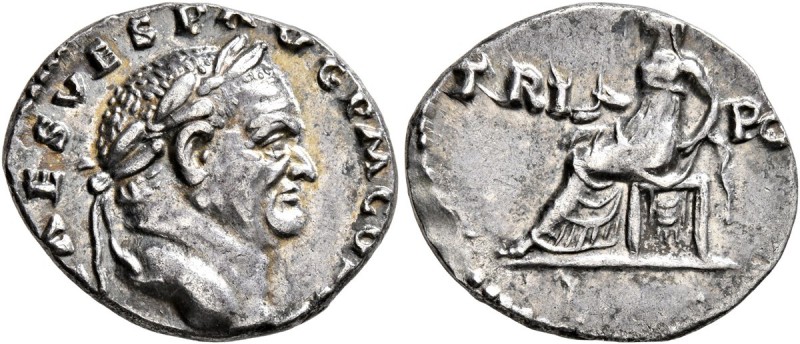 Vespasian, 69-79. Denarius (Silver, 18 mm, 3.38 g, 6 h), Rome, 72-73. IMP CAES V...