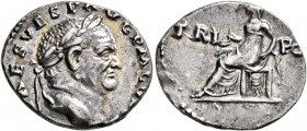 Vespasian, 69-79. Denarius (Silver, 18 mm, 3.38 g, 6 h), Rome, 72-73. IMP CAES VESP AVG P M COS [IIII] Laureate head of Vespasian to right. Rev. TRI -...