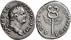 Vespasian, 69-79. Denarius (Silver, 19 mm, 3.43 g, 6 h), Rome, 74. IMP CAESAR VESP AVG Laureate head of Vespasian to right. Rev. PON MAX TR P COS V Wi...
