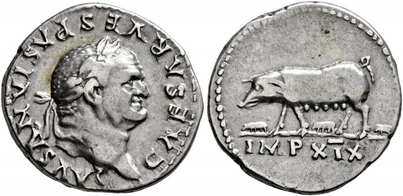 Vespasian, 69-79. Denarius (Silver, 18 mm, 3.43 g, 6 h), Rome, 77-78. CAESAR VES...