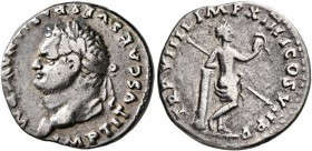 Titus, 79-81. Denarius (Silver, 18 mm, 3.40 g, 6 h), Rome, 79. IMP TITVS CAES VESPASIAN AVG P M Laureate head of Titus to left. Rev. TR P VIIII IMP XI...