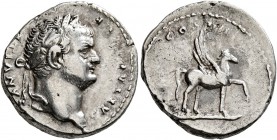 Domitian, as Caesar, 69-81. Denarius (Silver, 18 mm, 3.35 g, 6 h), uncertain eastern mint (Ephesos?), 79-80. CAESAR [AV]G F [DOM]ITIANVS Laureate head...