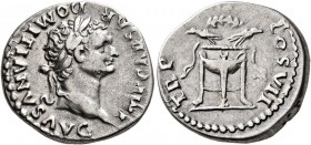 Domitian, 81-96. Denarius (Silver, 18 mm, 3.49 g, 6 h), Rome, 81. IMP CAESAR DOMITIANVS AVG Laureate head of Domitian to right. Rev. TR P COS VII Trip...