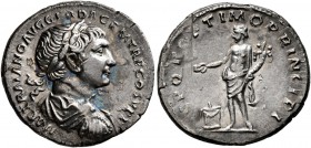Trajan, 98-117. Denarius (Silver, 19 mm, 3.22 g, 7 h), Rome, circa 106-107. IMP TRAIANO AVG GER DAC P M TR P COS V P P Laureate, draped and cuirassed ...