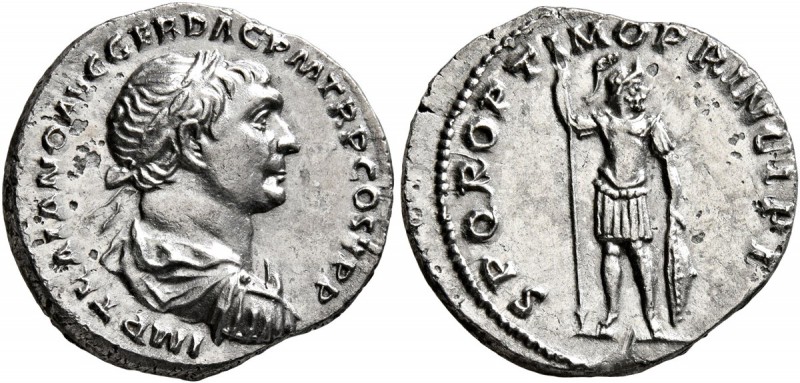 Trajan, 98-117. Denarius (Silver, 19 mm, 3.47 g, 6 h), Rome, circa 106-107. IMP ...
