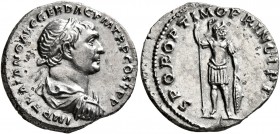 Trajan, 98-117. Denarius (Silver, 19 mm, 3.47 g, 6 h), Rome, circa 106-107. IMP TRAIANO AVG GER DAC P M TR P COS V P P Laureate, draped and cuirassed ...