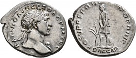 Trajan, 98-117. Denarius (Silver, 21 mm, 3.27 g, 6 h), Rome, circa 110. IMP TRAIANO AVG GER DAC P M TR P Laureate head of Trajan to right, drapery on ...