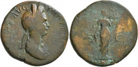 Plotina, Augusta, 105-123. Sestertius (Orichalcum, 34 mm, 25.29 g, 7 h), Rome, 112-117. [PLOT]INA AVG IMP TRAIANI Draped bust of Plotina to right, wea...