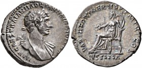 Hadrian, 117-138. Denarius (Silver, 19 mm, 3.47 g, 6 h), Rome, 117. IMP CAES TRAIAN HADRIANO AVG DIVI TRA Laureate and draped bust of Hadrian to right...