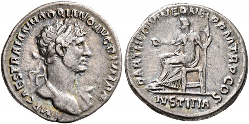 Hadrian, 117-138. Denarius (Silver, 18 mm, 3.48 g, 7 h), Rome, 117. IMP CAES TRA...