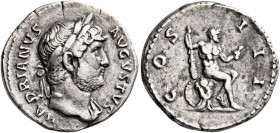 Hadrian, 117-138. Denarius (Silver, 19 mm, 3.04 g, 6 h), Rome, 124-128. HADRIANVS AVGVSTVS Laureate head of Hadrian to right, drapery on left shoulder...