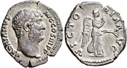 Hadrian, 117-138. Denarius (Silver, 18 mm, 3.09 g), Rome, 134-138. HADRIANVS AVG COS III P P Laureate head of Hadrian to right. Rev. VICTORIA AVG Vict...