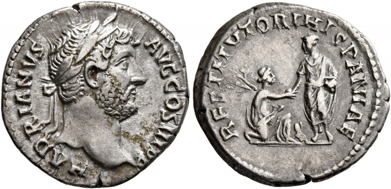 Hadrian, 117-138. Denarius (Silver, 18 mm, 3.10 g, 8 h), Rome, 134-138. HADRIANV...