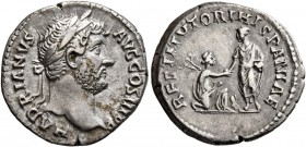 Hadrian, 117-138. Denarius (Silver, 18 mm, 3.10 g, 8 h), Rome, 134-138. HADRIANVS AVG COS III P P Laureate head of Hadrian to right. Rev. RESTITVTORI ...