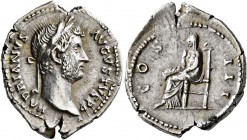 Hadrian, 117-138. Denarius (Silver, 20 mm, 3.58 g, 6 h), Rome, 134-138. HADRIANVS AVGVSTVS P P Laureate head of Hadrian to right. Rev. COS III Veiled ...