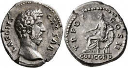 Aelius, Caesar, 136-138. Denarius (Silver, 19 mm, 3.29 g, 7 h), Rome. L AELIVS CAESAR Bare head of Aelius to right. Rev. TR POT COS II / CONCORD Conco...
