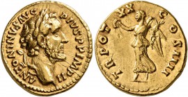 Antoninus Pius, 138-161. Aureus (Gold, 19 mm, 6.87 g, 6 h), Rome, 156-157. ANTONINVS AVG PIVS P P IMP II Laureate head of Antoninus Pius to right. Rev...