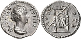 Diva Faustina Senior, died 140/1. Denarius (Silver, 18 mm, 3.29 g, 6 h), Rome. DIVA FAVSTINA Diademed and draped bust of Diva Faustina to right. Rev. ...