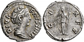 Diva Faustina Senior, died 140/1. Denarius (Silver, 18 mm, 3.27 g, 6 h), Rome. DIVA FAVSTINA Diademed and draped bust of Diva Faustina to right. Rev. ...
