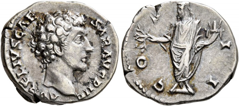 Marcus Aurelius, as Caesar, 139-161. Denarius (Silver, 18 mm, 3.56 g, 7 h), Rome...