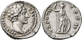 Marcus Aurelius, as Caesar, 139-161. Denarius (Silver, 18 mm, 3.52 g, 1 h), Rome, 147-148. AVRELIVS CAESAR AVG PII F Bare head of Marcus Aurelius to r...