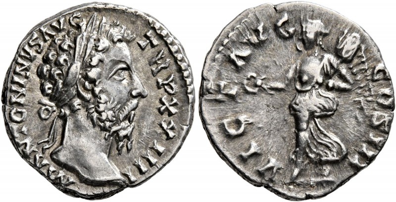Marcus Aurelius, 161-180. Denarius (Silver, 18 mm, 3.44 g, 12 h), Rome, 169-170....