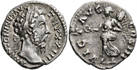 Marcus Aurelius, 161-180. Denarius (Silver, 18 mm, 3.44 g, 12 h), Rome, 169-170. M ANTONINVS AVG TR P XXIIII Laureate head of Marcus Aurelius to right...