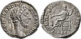 Commodus, 177-192. Denarius (Silver, 17 mm, 3.52 g, 12 h), Rome, 185-186. M COMM ANT• P FEL AVG BRIT Laureate head of Commodus to right. Rev. P M TR P...