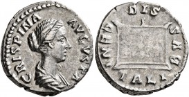 Crispina, Augusta, 178-182. Denarius (Silver, 17 mm, 3.38 g, 5 h), Rome, circa 180-182. CRISPINA AVGVSTA Draped bust of Crispina to right. Rev. DIS GE...