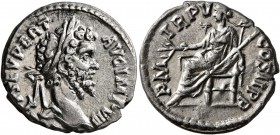 Septimius Severus, 193-211. Denarius (Silver, 19 mm, 2.67 g, 4 h), Laodicea, 197. [L SEP]T SEV PERT AVG IMP VIII Laureate head of Septimius Severus to...
