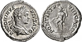 Caracalla, 198-217. Denarius (Silver, 19 mm, 3.24 g, 6 h), Rome, 205. ANTONINVS PIVS AVG Laureate and draped bust of Caracalla to right, seen from beh...