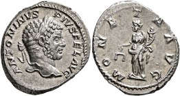 Caracalla, 198-217. Denarius (Silver, 19 mm, 3.68 g, 6 h), Rome, 213. ANTONINVS PIVS FEL AVG Laureate head of Caracalla to right. Rev. MONETA AVG Mone...
