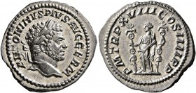 Caracalla, 198-217. Denarius (Silver, 21 mm, 3.44 g, 12 h), Rome, 215. ANTONINVS PIVS AVG GERM Laureate head of Caracalla to right. Rev. P M TR P XVII...