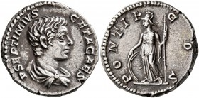 Geta, as Caesar, 198-209. Denarius (Silver, 17 mm, 3.27 g, 1 h), Rome, circa 203-208. P SEPTIMIVS GETA CAES Bare-headed, draped and cuirassed bust of ...
