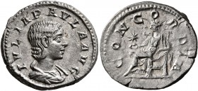 Julia Paula, Augusta, 219-220. Denarius (Silver, 19 mm, 3.53 g, 1 h), Rome. IVLIA PAVLA AVG Draped bust of Julia Paula to right. Rev. CONCORDIA Concor...