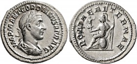 Gordian I, 238. Denarius (Silver, 20 mm, 2.84 g, 6 h), Rome, March-April 238. IMP M ANT GORDIANVS AFR AVG Laureate, draped and cuirassed bust of Gordi...