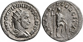 Philip I, 244-249. Antoninianus (Silver, 21 mm, 3.57 g, 1 h), Antiochia, 244-245. IMP C M IVL PHILIPPVS P F AVG P M Radiate, draped and cuirassed bust...