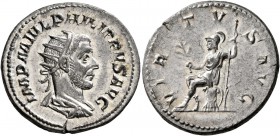 Philip I, 244-249. Antoninianus (Silver, 22 mm, 4.37 g, 8 h), Rome, 244-247. IMP M IVL PHILIPPVS AVG Radiate, draped and cuirassed bust of Philip I to...