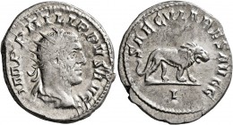 Philip I, 244-249. Antoninianus (Silver, 22 mm, 5.57 g, 1 h), Rome, 248. IMP PHILIPPVS AVG Radiate, draped and cuirassed bust of Philip I to right, se...