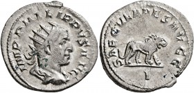 Philip I, 244-249. Antoninianus (Silver, 22 mm, 3.95 g, 7 h), Rome, 248. IMP PHILIPPVS AVG Radiate, draped and cuirassed bust of Philip I to right, se...