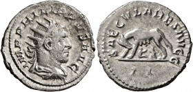 Philip I, 244-249. Antoninianus (Silver, 22 mm, 4.49 g, 12 h), Rome, 248. IMP PHILIPPVS AVG Radiate, draped and cuirassed bust of Philip I to right, s...