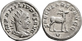 Philip I, 244-249. Antoninianus (Silver, 21 mm, 3.79 g, 7 h), Rome, 248. IMP PHILIPPVS AVG Radiate, draped and cuirassed bust of Philip I to right, se...