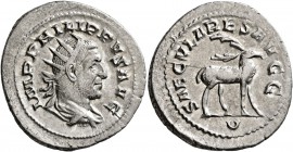 Philip I, 244-249. Antoninianus (Silver, 24 mm, 4.64 g, 1 h), Rome, 248. IMP PHILIPPVS AVG Radiate, draped and cuirassed bust of Philip I to right, se...