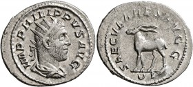 Philip I, 244-249. Antoninianus (Silver, 24 mm, 3.95 g, 6 h), Rome, 248. IMP PHILIPPVS AVG Radiate, draped and cuirassed bust of Philip I to right, se...