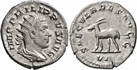 Philip I, 244-249. Antoninianus (Silver, 21 mm, 3.89 g, 1 h), Rome, 248. IMP PHILIPPVS AVG Radiate, draped and cuirassed bust of Philip I to right, se...