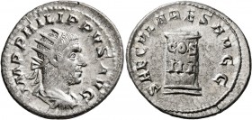 Philip I, 244-249. Antoninianus (Silver, 23 mm, 4.26 g, 7 h), Rome, 248. IMP PHILIPPVS AVG Radiate, draped and cuirassed bust of Philip I to right, se...