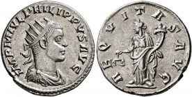 Philip II, 247-249. Antoninianus (Silver, 21 mm, 3.55 g, 12 h), Antiochia. IMP M IVL PHILIPPVS AVG Radiate and draped bust of Philip II to right, seen...